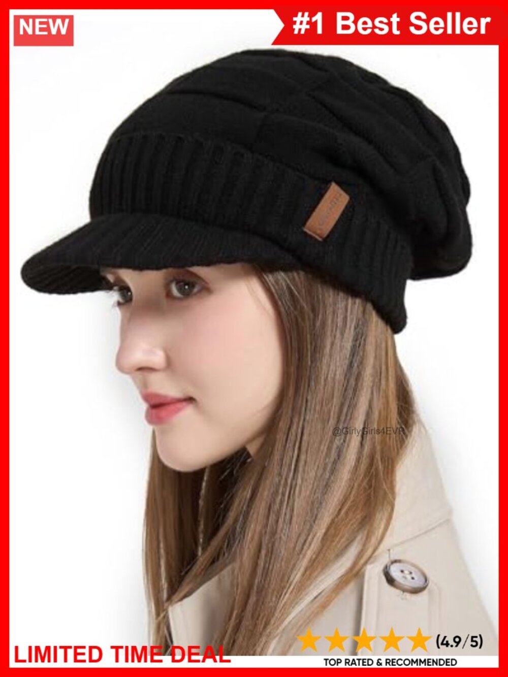 Wool Blend Slouchy Beanie with Visor Brim Satin Lined Winter Hat